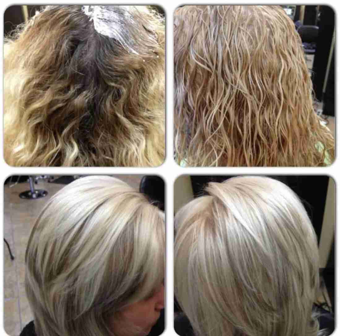 Before-and-after icy blonde color correction.