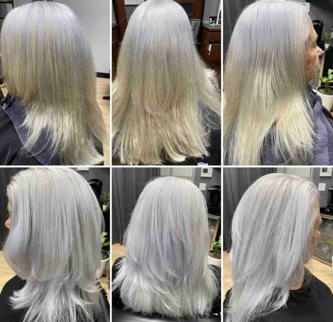 Before-and-after bright white blonde transformation.