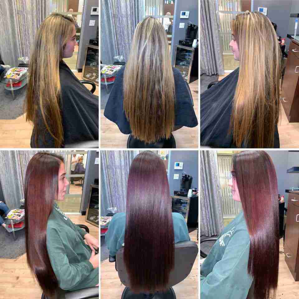 Before-and-after vivid long red hair transformation.